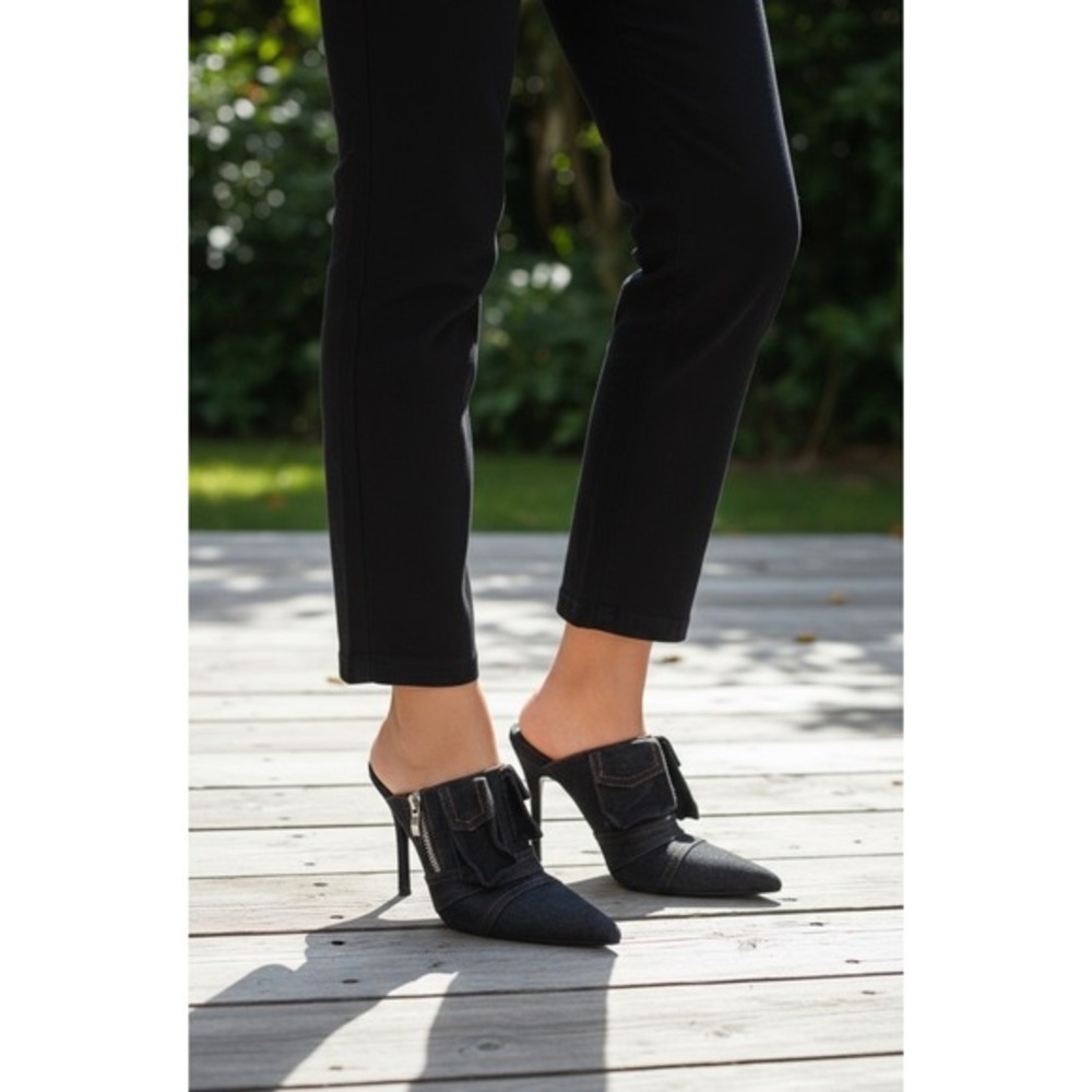 FN Pia Chic Denim Pointed Toe Stiletto Heel Mules Women's Fashion Shoes